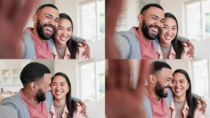 笑着，夫妻俩在家里自拍，视频通话，在社交媒体上晒头像。幸福的男人肖像，与女人摄影的记忆，爱或关怀在一