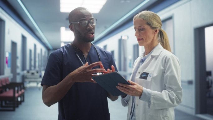 医院病房:女医生与专业黑人护士长或外科医生交谈，他们使用数字平板电脑。现代临床不同医疗专家团队讨论检