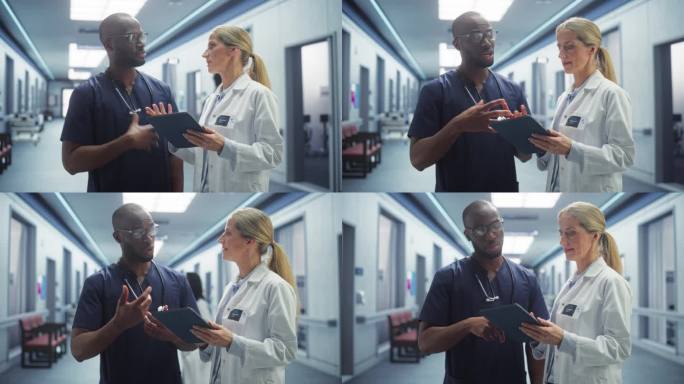 医院病房:女医生与专业黑人护士长或外科医生交谈，他们使用数字平板电脑。现代临床不同医疗专家团队讨论检