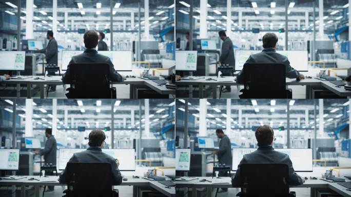 白人男性工业工程师在工厂办公室使用台式电脑的后视镜。为人工智能系统创造具有强大微芯片的创新主板。
