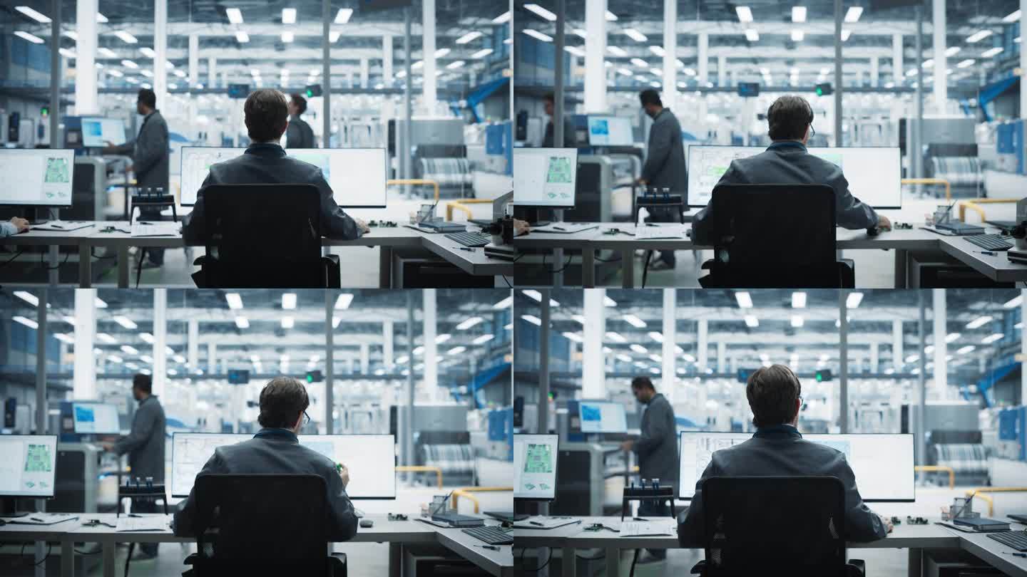 白人男性工业工程师在工厂办公室使用台式电脑的后视镜。为人工智能系统创造具有强大微芯片的创新主板。