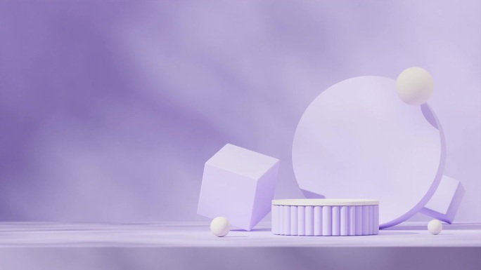 无缝阴影动画循环与各种形状的背景，3d渲染素材模板模型的浅紫色圆柱平台