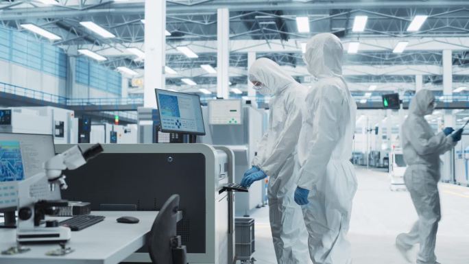两名身穿无菌服的科学家漫步在电子厂研究中心。技术人员和工程师接近焊锡喷墨打印机并开始现代电路板的生产