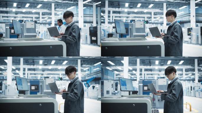 亚洲男性工业工程师在电子厂用笔记本电脑控制焊锡喷墨打印机。致力于生产用于机器学习系统的创新印刷电路板