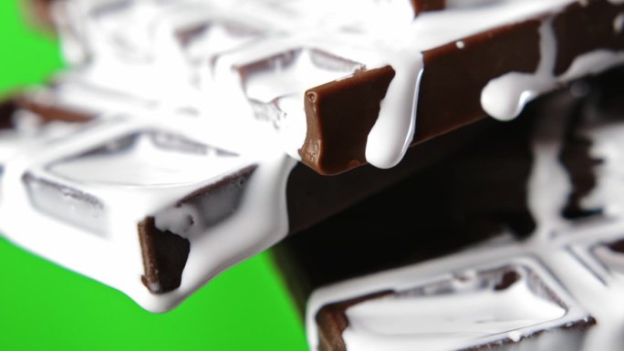 巧克力与白奶油的特写。股票剪辑。白色的液体奶油顺着巧克力棒流下来。甜巧克力与奶油在绿色背景。