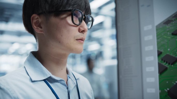 亚洲男性工程师在电视前使用平板电脑与印刷电路板蓝图的特写。智能技术人员对电子厂新主板性能改进的思考。