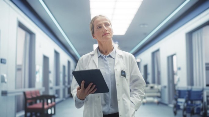 女专家医生冷静地走过医院走廊，使用数码平板电脑的跟踪镜头。拥有先进技术设备的Bright现代化诊所的
