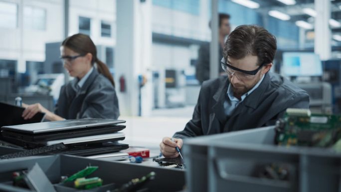 现代电子厂的白人男女工人拆解旧笔记本电脑，回收电子元件用于微芯片生产。男人和女人拧下并整理电脑零件。