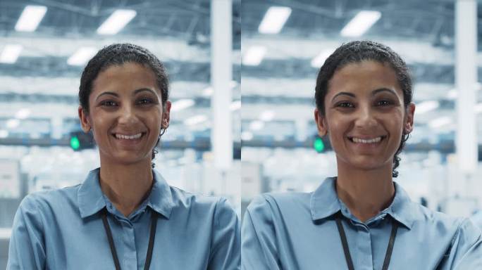 垂直屏幕:西班牙裔女性设施经理的肖像，双臂交叉站着，看着摄像机，微笑着。在一家自动电子厂生产电脑的专