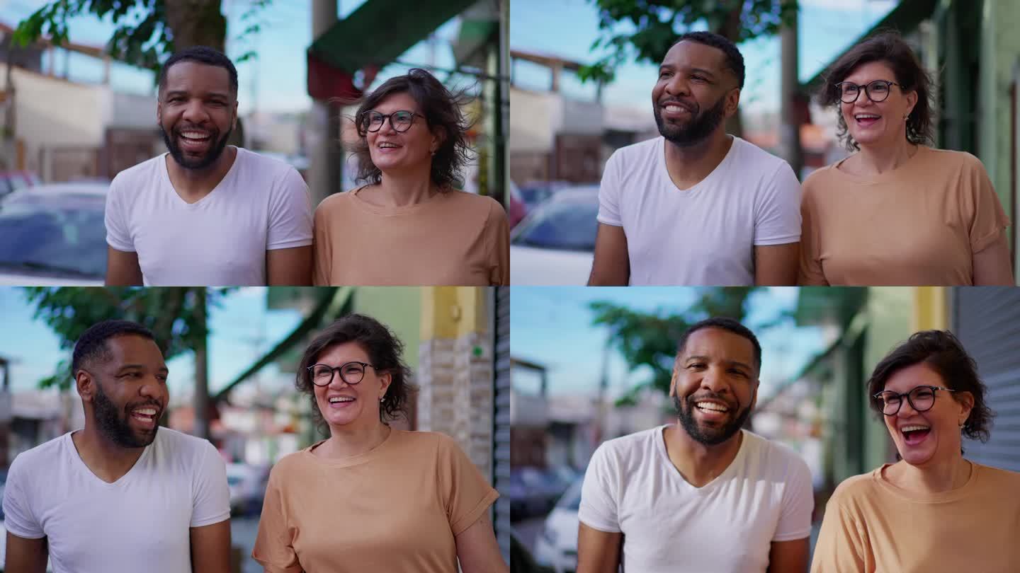 慢镜头中不同的巴西人走在城市人行道上，快乐的黑人男子和成熟的中年妇女一起笑着向前走