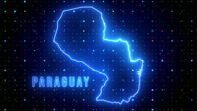 未来的蓝色闪耀巴拉圭轮廓地图和标签文本发光霓虹灯耀斑运动揭示与星星闪烁网格背景