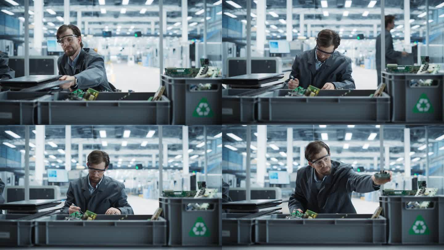 一名白人男性工人在电子厂拆卸旧笔记本电脑，回收电子元件，以生产可持续的微芯片。男人拧开主板，在盒子里