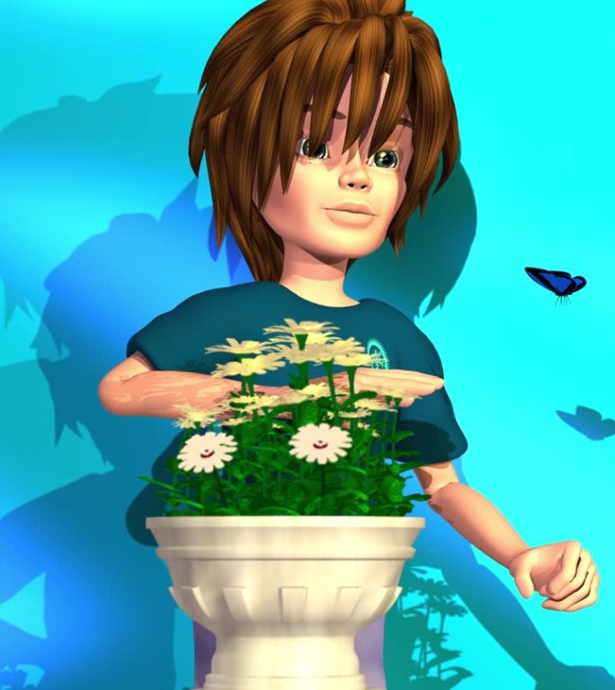 3d动画，一个卡通人物说话和捕捉蝴蝶在蓝色的背景