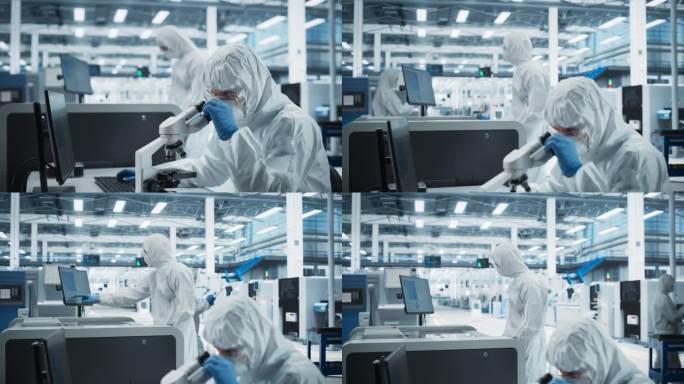 两位科学家在研究工厂的无菌套房里:工程师用显微镜和台式电脑检查微芯片，而他的同事用喷墨打印机打印电路