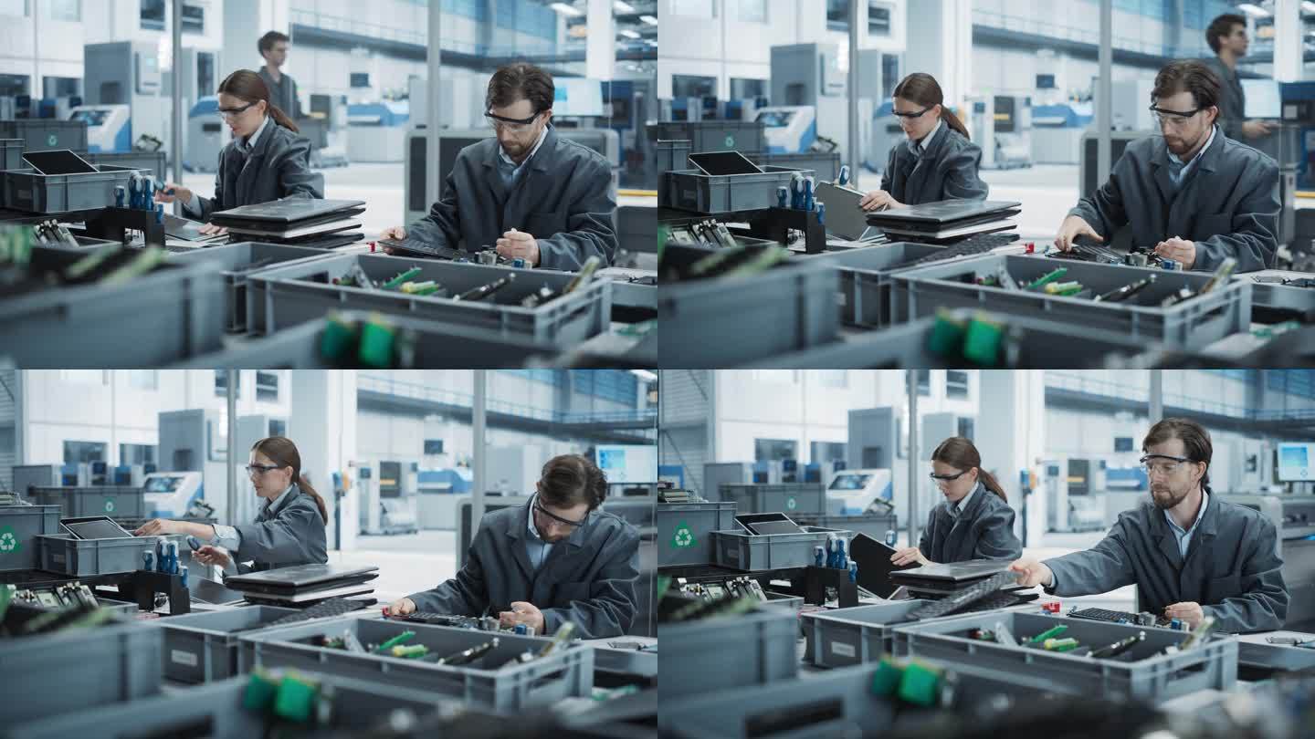 在电子厂，白人男女员工拆解旧笔记本电脑，回收电子元件用于微芯片生产。男人和女人拧下并整理电脑零件。