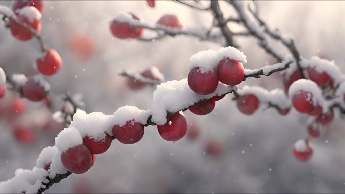 枝头上的红梅果子下雪积雪