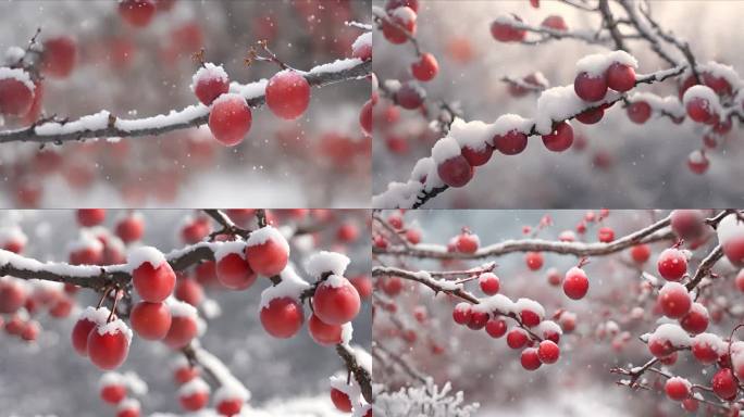 枝头上的红梅果子下雪积雪