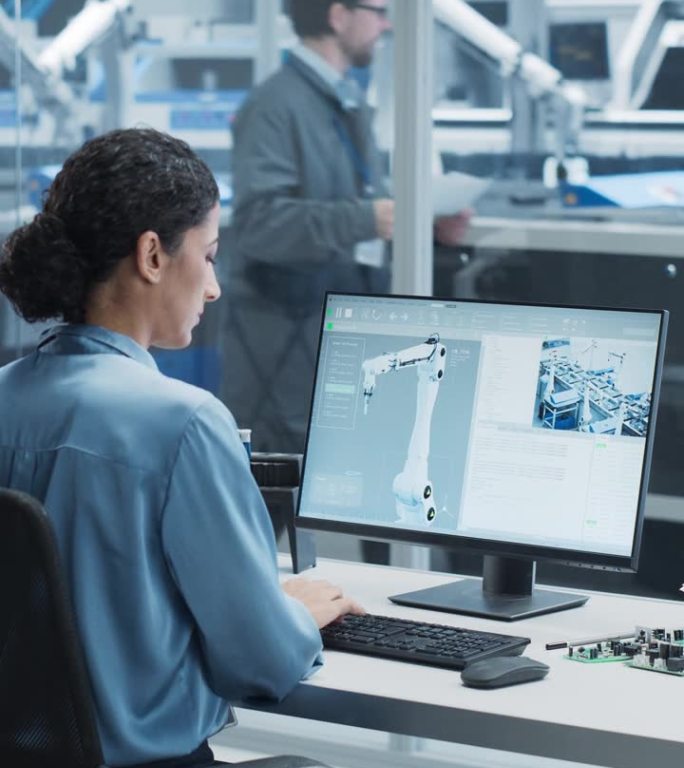 垂直屏幕:西班牙裔女性自动化工程师在现代电子厂用台式电脑控制机械臂自动化生产。调整自动装配线的妇女。