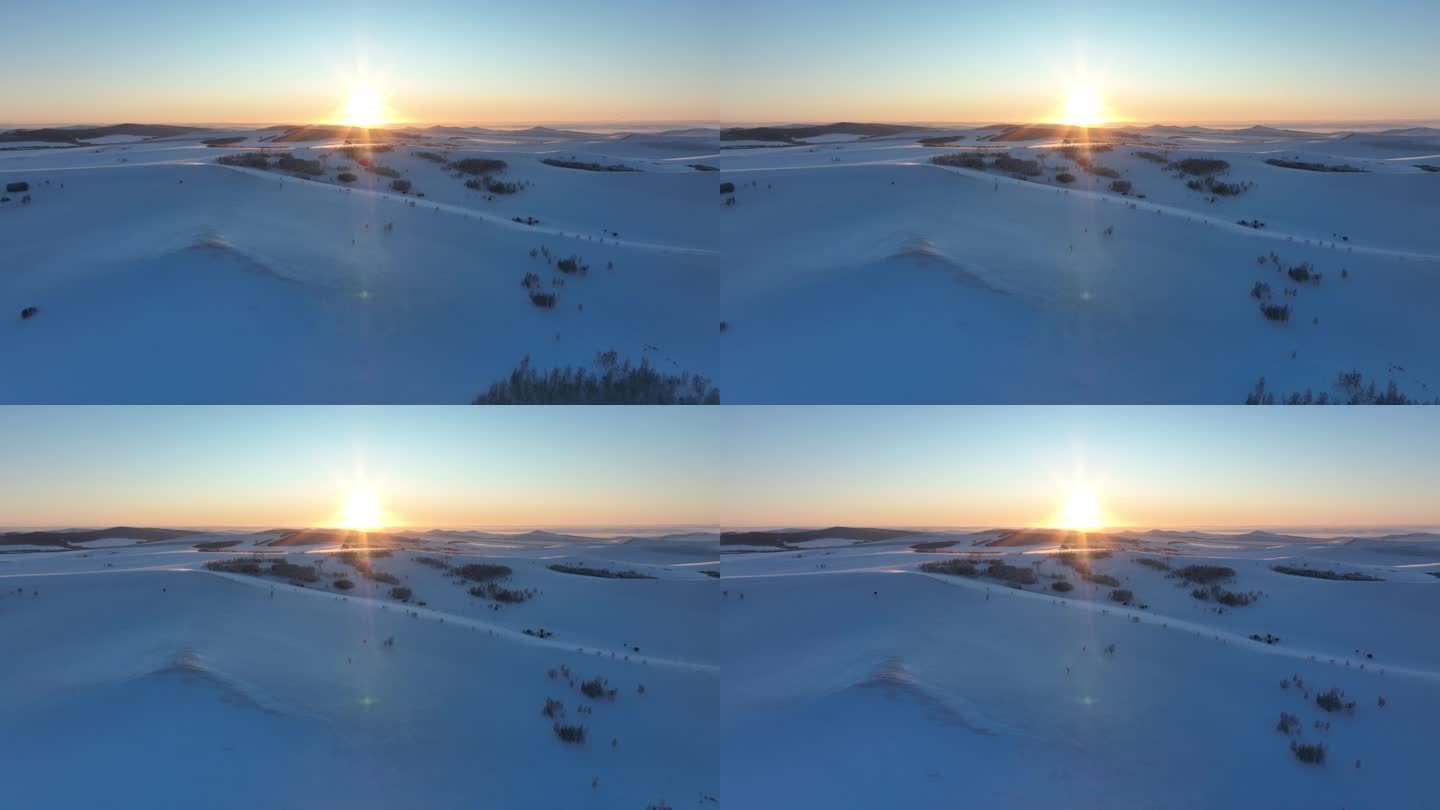 内蒙古冬日阳光积雪覆盖的山坡