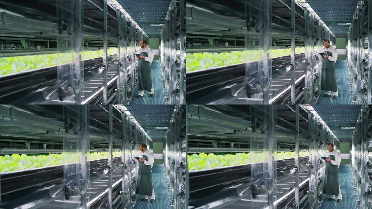 农业种植者在垂直农场设施的走廊里工作，旁边是新鲜种植的植物。水培技术人员使用平板电脑，研究和种植作物