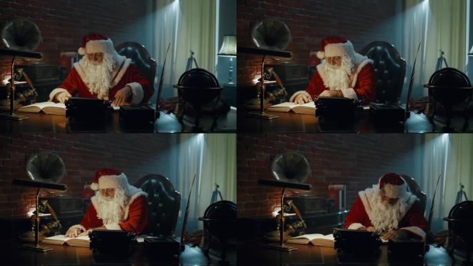 圣诞老人在晚上工作，写笔记，使用复古的台式家庭固定电话。平安夜工作到很晚