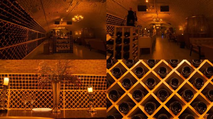 葡萄酒红酒酒窖西餐厅展厅红酒吧4K