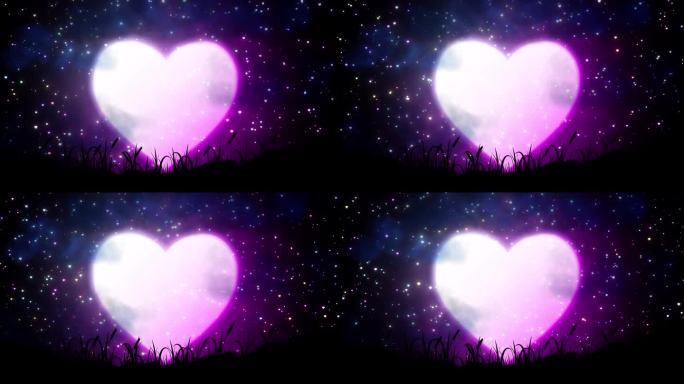 发光浪漫的心形像月亮和草是移动和心脏粒子落在黑暗的背景浪漫的心动画背景，周年纪念日，情人节，浪漫的背