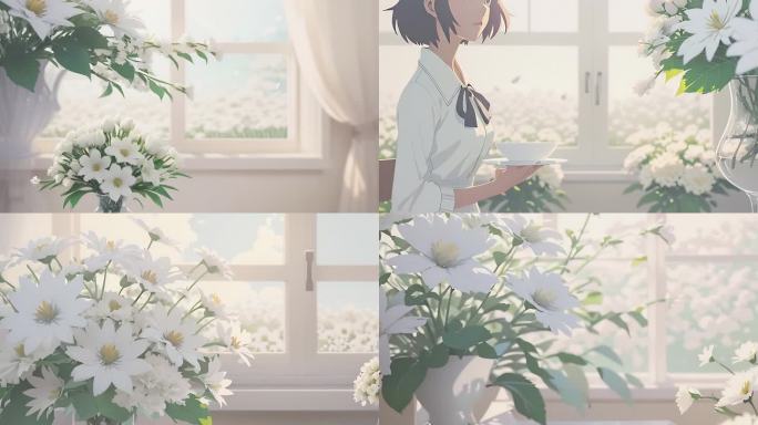 AI窗台鲜花 唯美时尚背景 白色背景