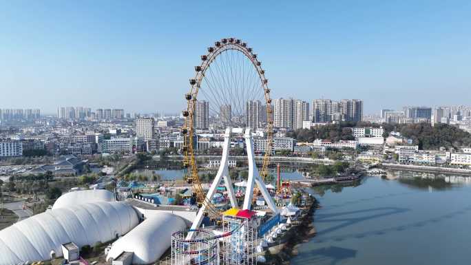 航拍摩天轮江西余干琵琶湖城市风景