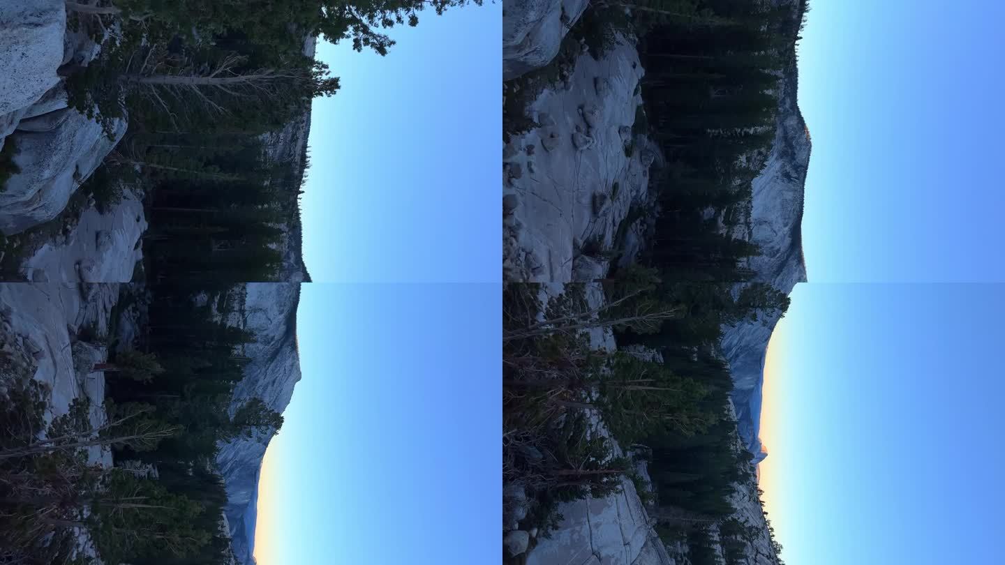 从加利福尼亚约塞米蒂国家公园的奥姆斯特德点俯瞰日出时的松树和半圆顶山顶。-偏右投篮