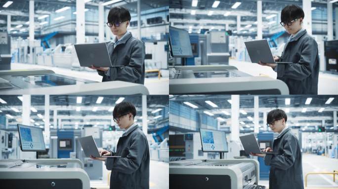 电子厂亚裔男技术员用手提电脑控制喷墨打印机。致力于生产用于机器学习系统的创新印刷电路板的人。