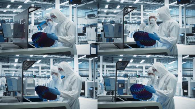 电子制造工厂的半导体生产:两位穿着无菌套装的专家从焊接喷墨打印机中取出硅片并进行检查。制造计算机硬件