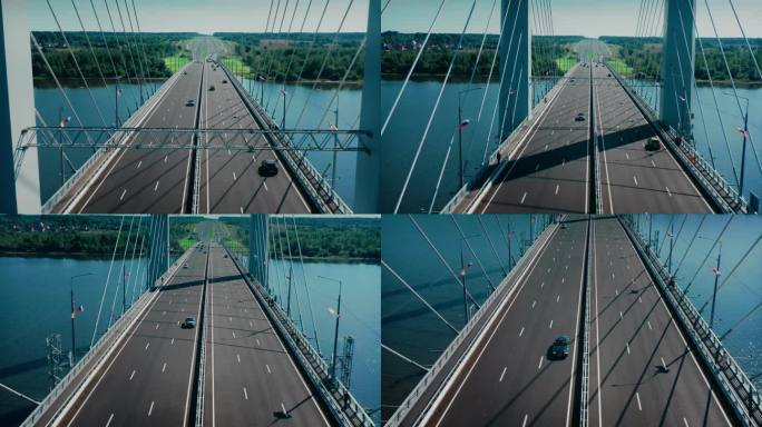 桁架上方的斜拉结构之间的跨度，用于交通标志和测速摄像头。一条新建的六车道高速公路，坐落在一座现代化的