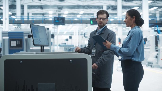 白人男性工业工程师和西班牙裔女性经理在电子厂使用平板电脑和交谈。一名男子使用喷墨焊锡打印机，讲解电路
