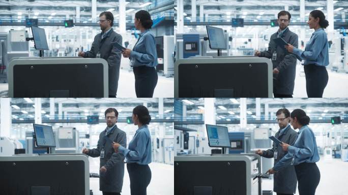 白人男性工业工程师和西班牙裔女性经理在电子厂使用平板电脑和交谈。一名男子使用喷墨焊锡打印机，讲解电路