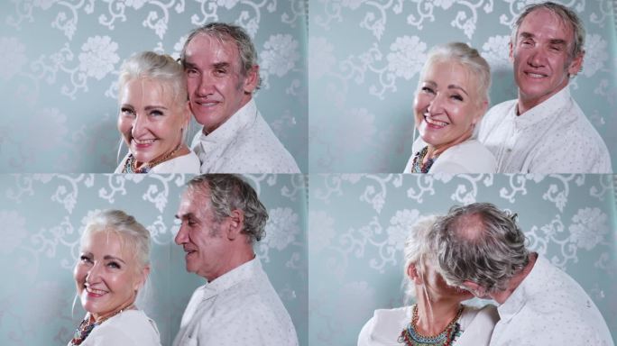 特写肖像幸福，深情的老夫妇拥抱