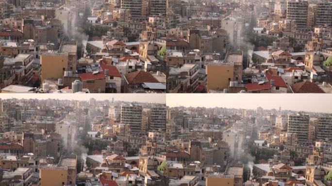 黎巴嫩北部黎波里，一座阿拉伯城市的老城区鸟瞰图，烟雾从城市中升起