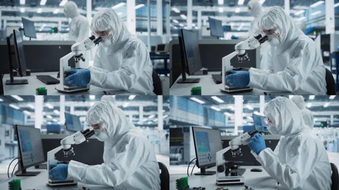 两位科学家在电子工厂的无菌套房:工程师使用显微镜和台式电脑检查微芯片，而他的同事使用焊接喷墨打印机打