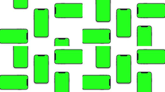 品牌标识，UI设计演示和手机模型。一组智能手机设计平面，白色背景绿屏。