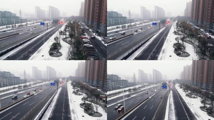 下雪天公路旁的小区和雪景