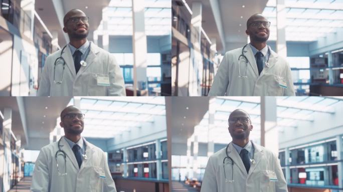 黑人男医生在医院走廊行走的跟踪镜头。快乐的男外科医生走向她的办公室在卫生设施和问候同事，微笑。诊所里