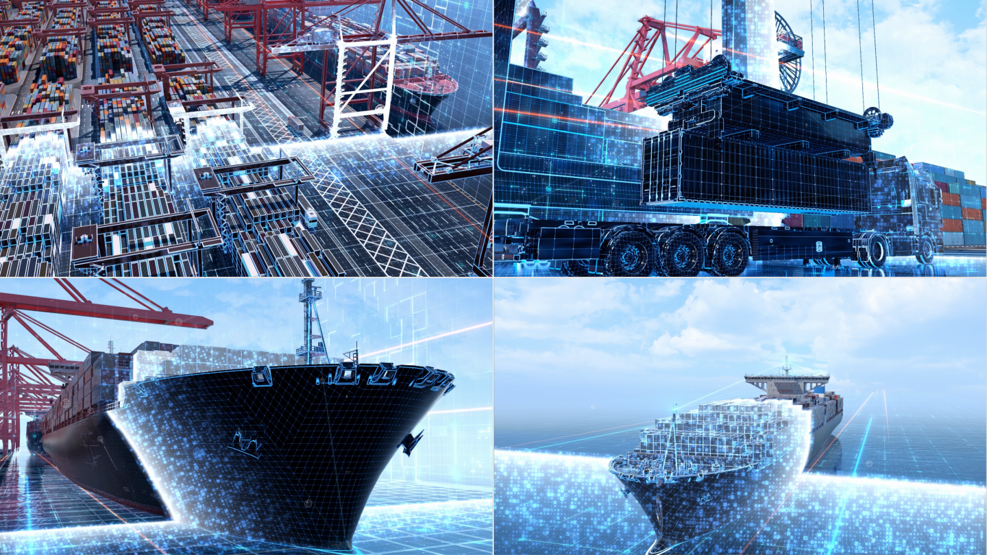 智慧港口货轮运输科技物流信息虚拟现实转换