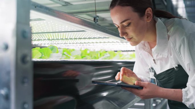 女性生物学家密切观察和分析年轻作物。农业工程师使用平板电脑，在一个有天然生态植物的垂直农场旁边工作
