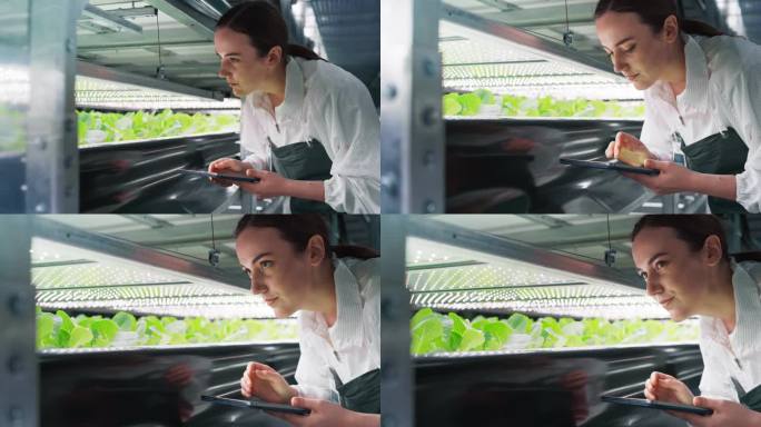 女性生物学家密切观察和分析年轻作物。农业工程师使用平板电脑，在一个有天然生态植物的垂直农场旁边工作