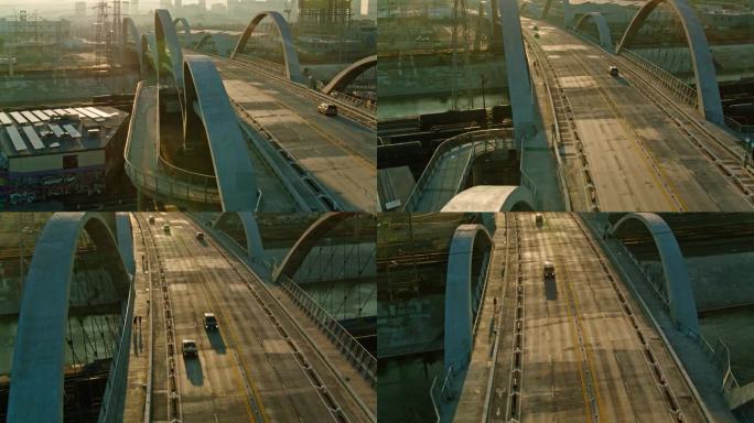 日落时分洛杉矶第六街大桥的无人机上升镜头