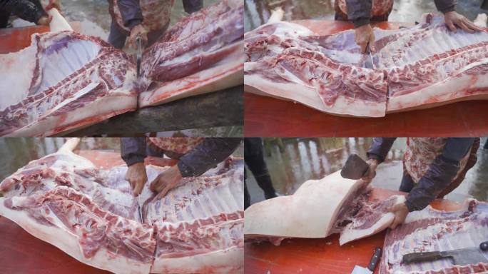 猪肉 农村 杀猪砍肉 多镜头特写新鲜猪肉