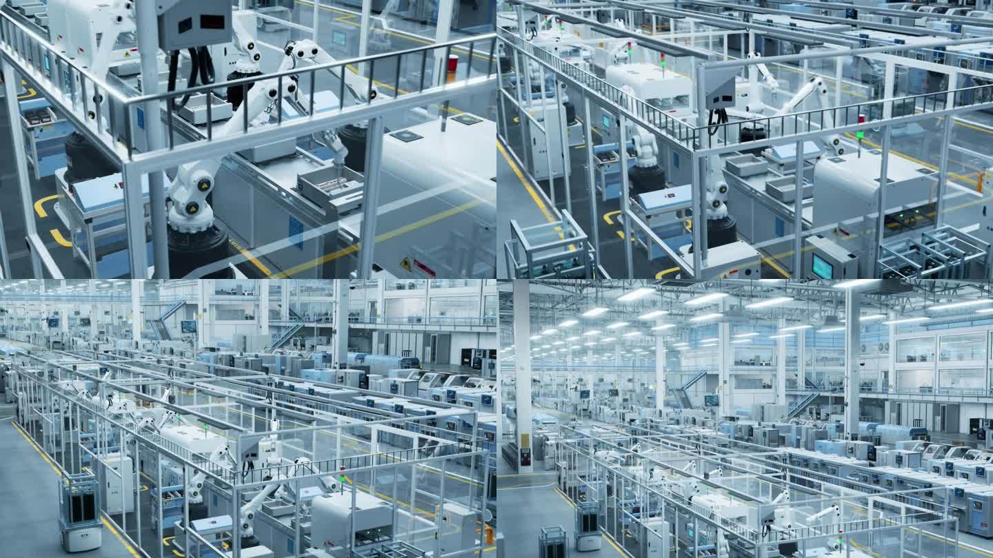 电子工厂3D概念:自动化机器人手臂装配线制造不同行业的先进电子元件。操作输送线的高角度放大概述