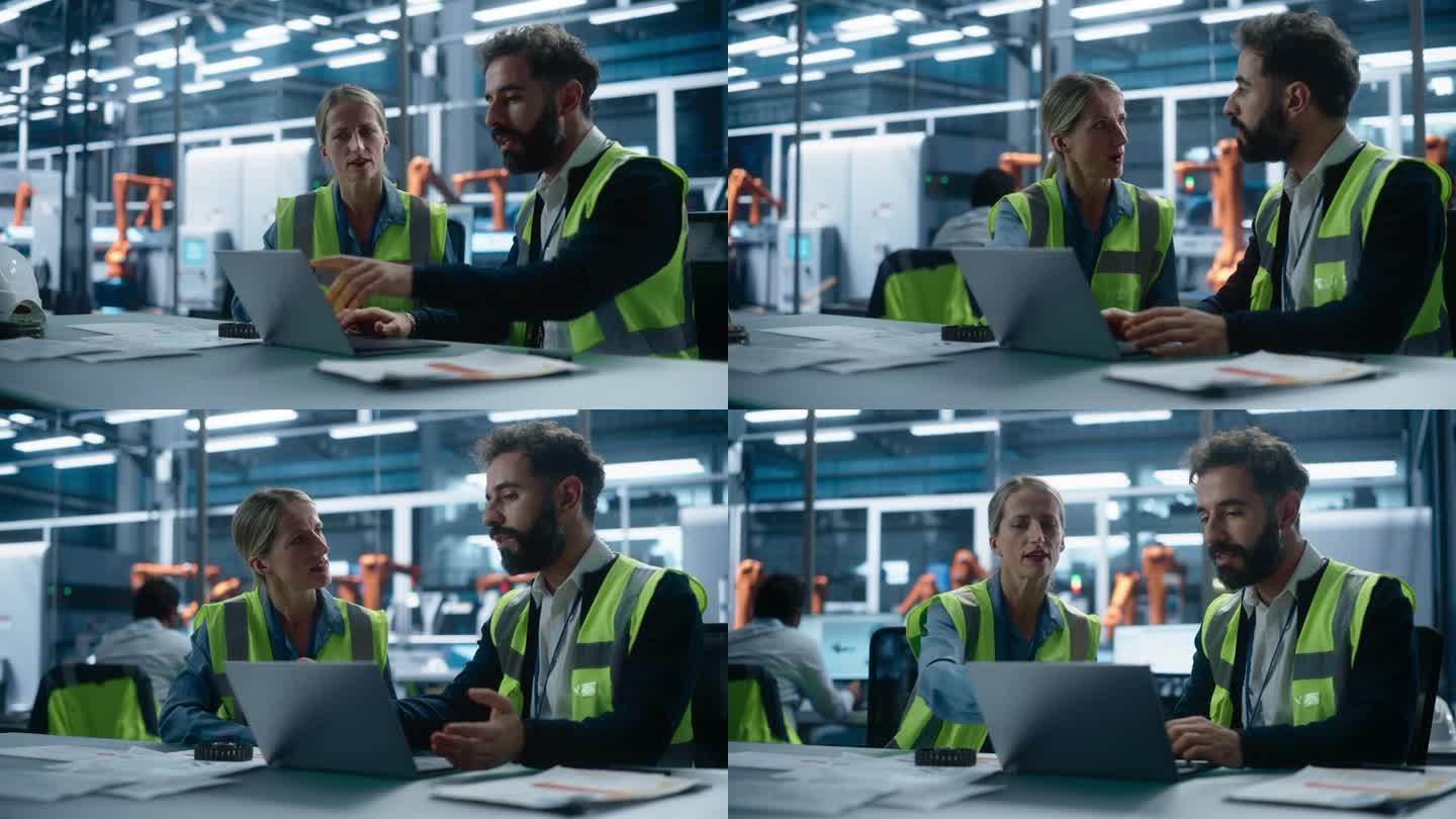 工厂办公室:白人女性质量控制技术员与西班牙裔男性笔记本电脑工业工程师交谈。自动化机械臂装配线制造现代