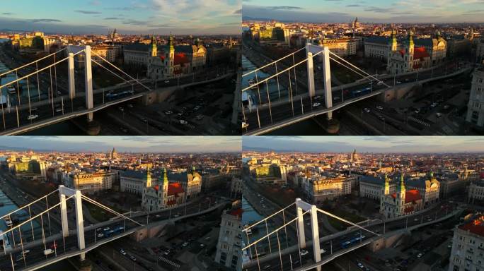 无人机拍摄的车辆在伊丽莎白桥上移动的布达佩斯城市景观在晴朗的一天，匈牙利
