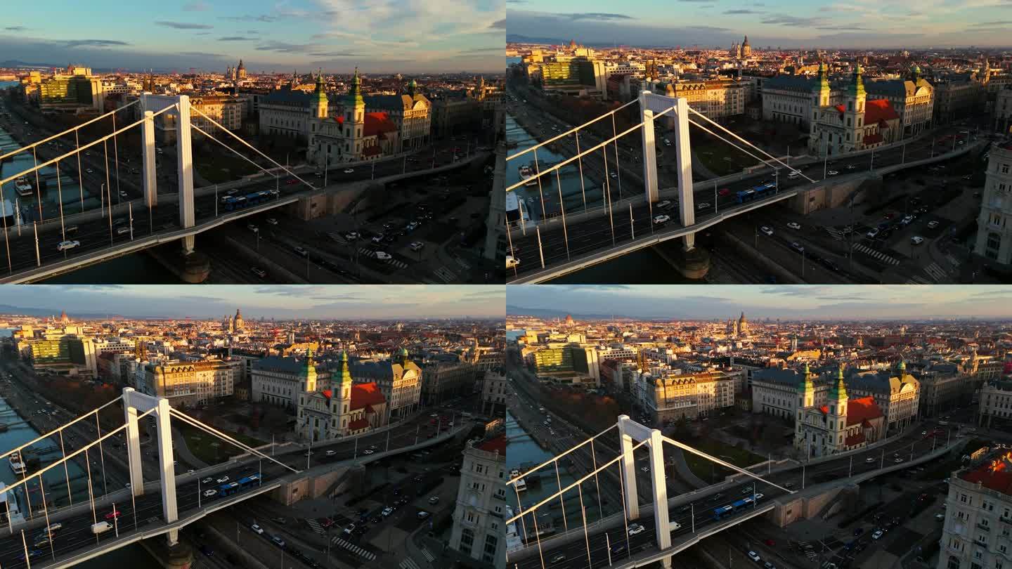 无人机拍摄的车辆在伊丽莎白桥上移动的布达佩斯城市景观在晴朗的一天，匈牙利